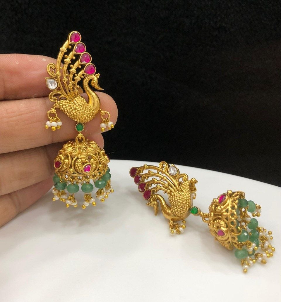 Peacock Kemp Pearl Beads Jhumkas